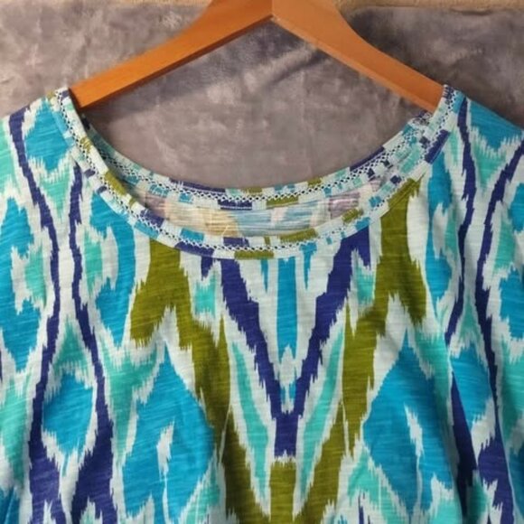 Lane Bryant Ikat Green & Blue Print Cotton Top Drawstring Hem 18/20 100% Cotton - Picture 5 of 10
